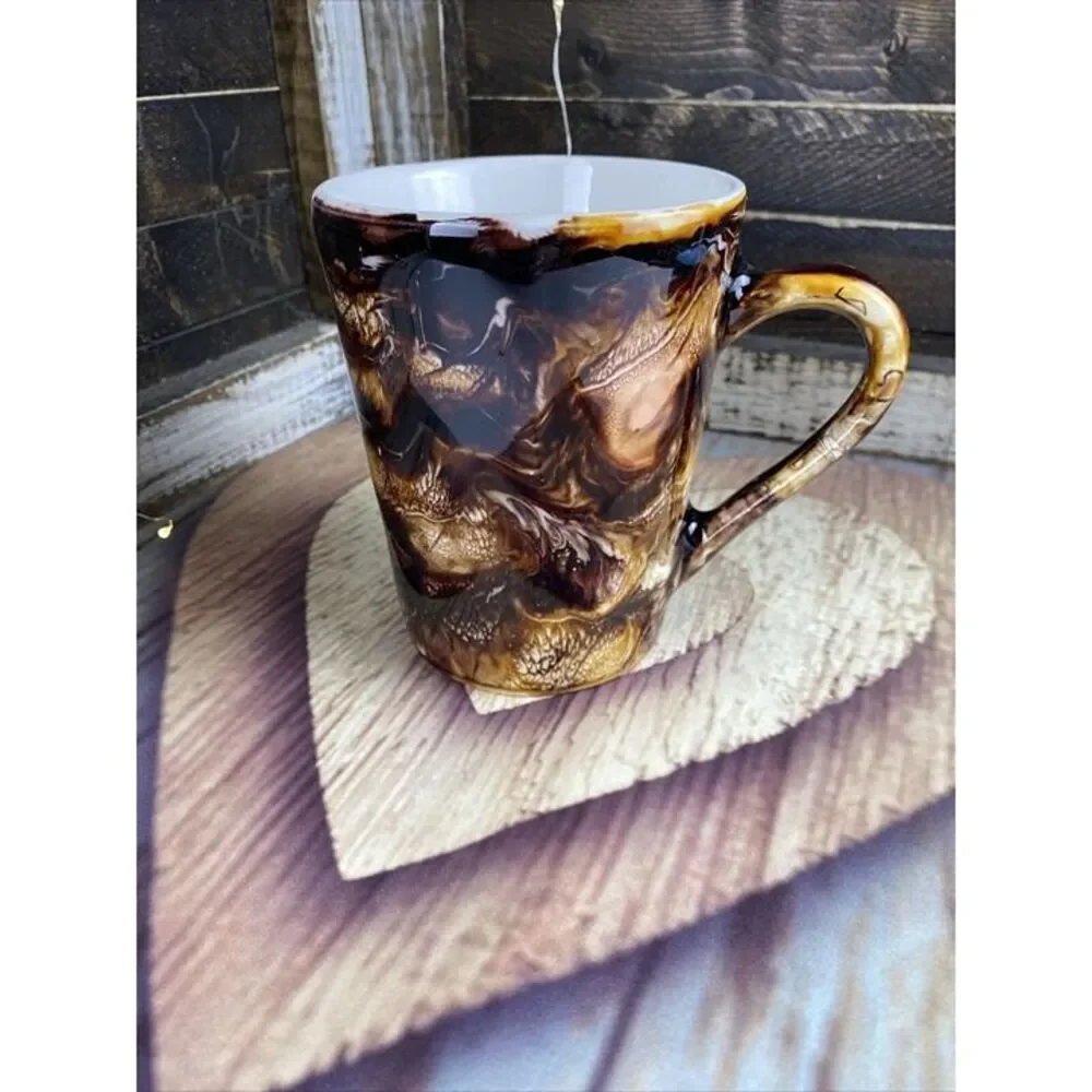 Mocha Fudge Swirl Coffee  Epoxy Resin Tea Cup Mug Handmade 4.5 X 3.5 in